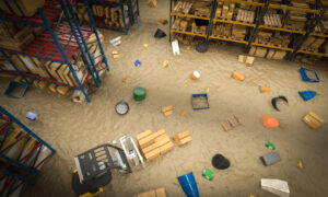 warehouse with water damage from a roof leak