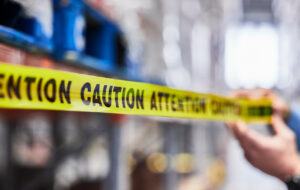 man putting up caution tape to rope off an area impacted by a warehouse roof leak