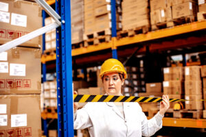 warehouse worker using caution tape to secure an area with a roof leak