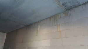 Water stains dripping down a wall, indicating a leaky roof.